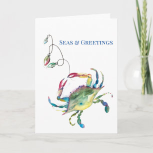 Coastal Christmas Seas and Greetings Watercolor Card