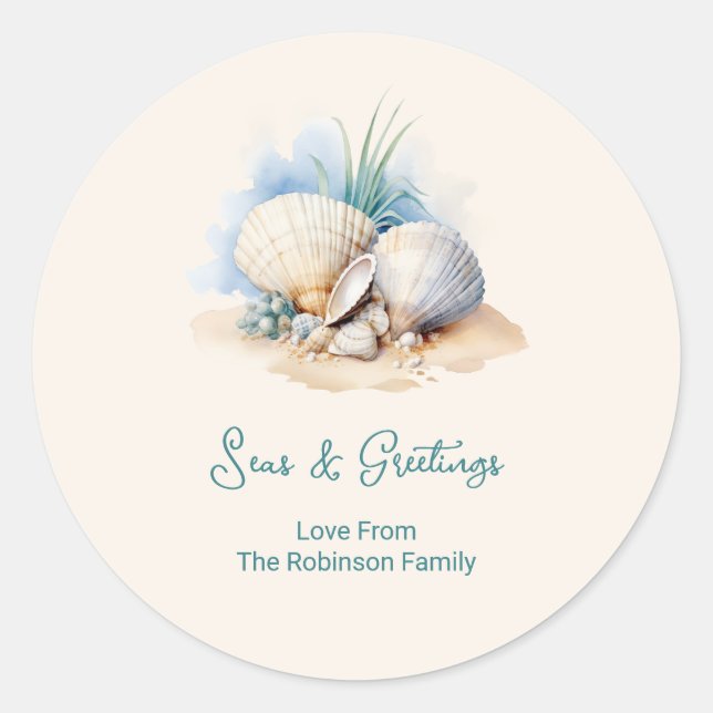 Coastal Christmas Seas & Greeting Classic Round Sticker (Front)