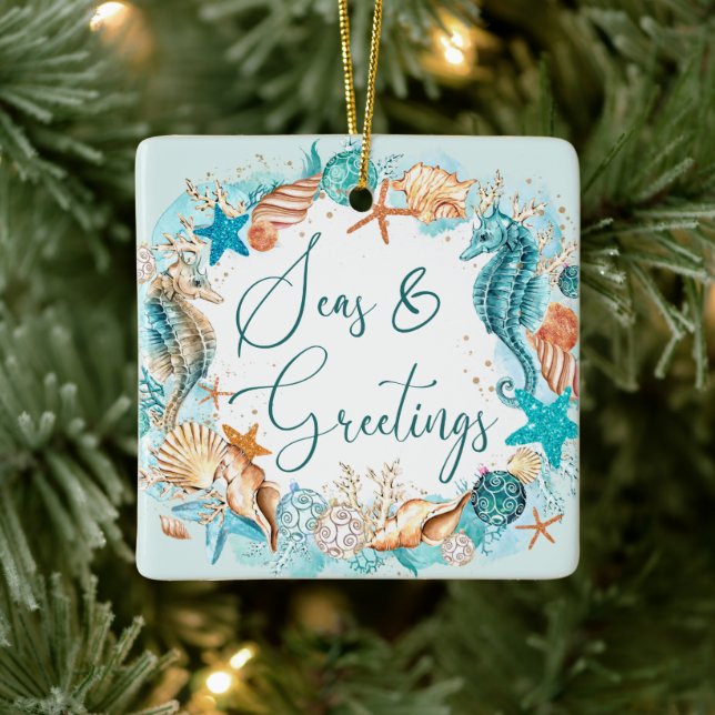 Coastal Christmas SEAS & GREETINGS Starfish Shells Ceramic Ornament (Tree)
