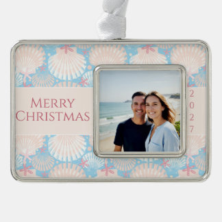Coastal Christmas Seashell Starfish Photo Silver Plated Framed Ornament