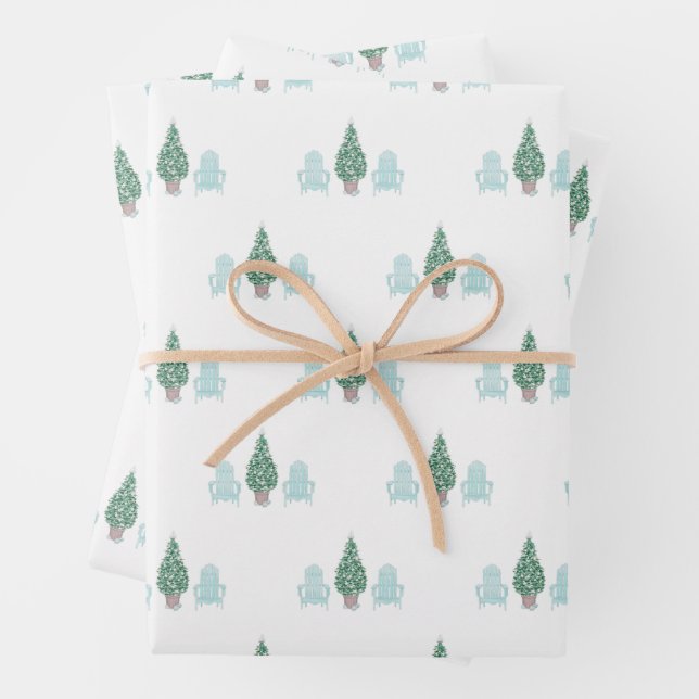 Coastal Christmas Seashell Tree Adirondack Chairs Wrapping Paper Sheet (In situ)