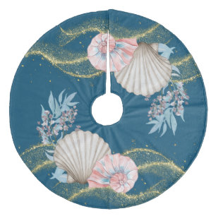 Coastal Christmas   Seashells on Teal   Fleece Tree Skirt