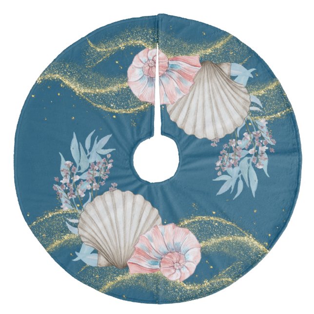 Coastal Christmas | Seashells on Teal | Fleece Tree Skirt (Front)