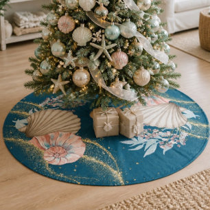 Coastal Christmas Seashells on Teal Fleece Tree Skirt