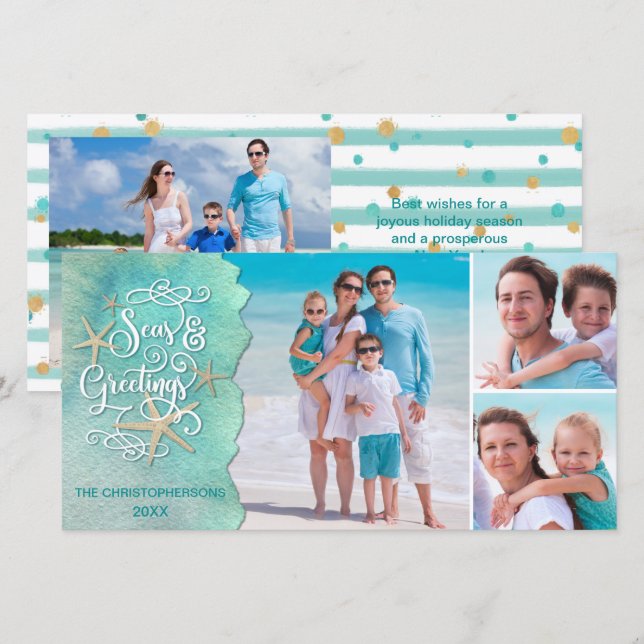 Coastal Christmas SEAsons Greetings 4 Photos Holiday Card (Front/Back)