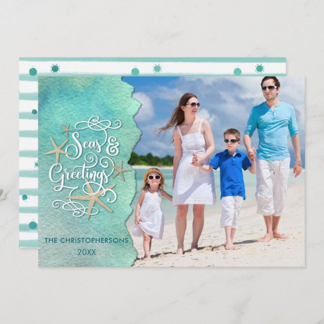 Coastal Christmas SEAsons Greetings Photo Holiday Card (Front/Back)