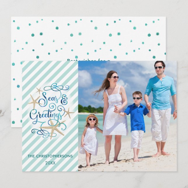 Coastal Christmas SEAsons Greetings Photo Stripes Holiday Card (Front/Back)