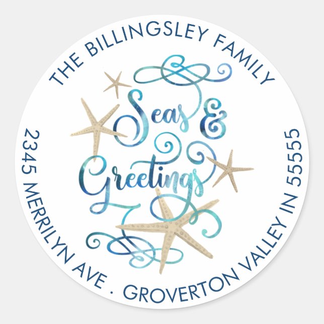 Coastal Christmas SEAsons Greetings Return Address Classic Round Sticker (Front)