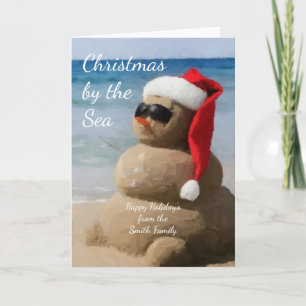Coastal Christmas Snowman on the Beach Holiday Card