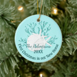 Coastal Christmas Starfish New Home Ceramic Tree Decoration<br><div class="desc">Celebrate your first Christmas in your new home with this personalised coastal beach themed ornament,  featuring an aqua blue glitter coral piece with sand dollar and starfish.
*If you would like this design on more products or need design help,  please contact me through Zazzle Chat.</div>