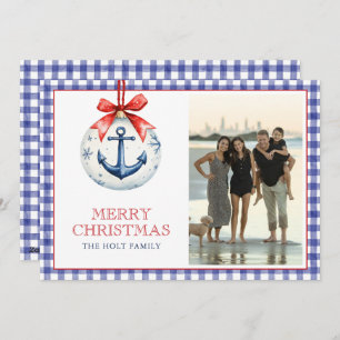 Coastal Christmas Starfish Ornament Gingham Photo Holiday Card
