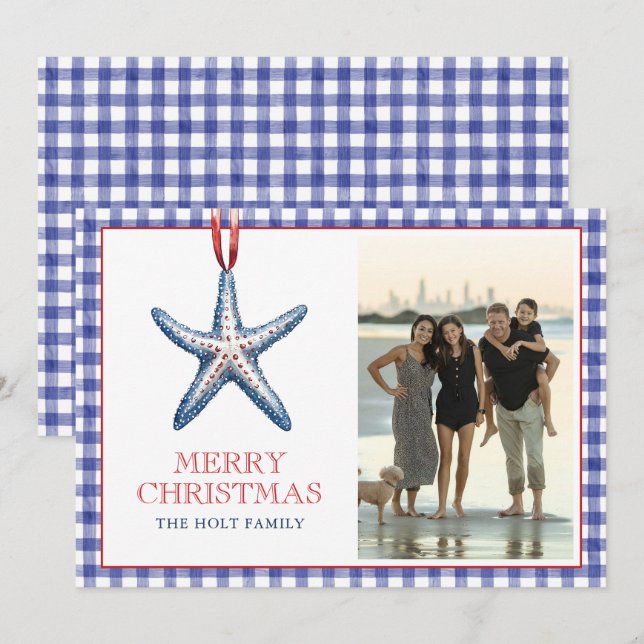 Coastal Christmas Starfish Ornament Gingham Photo Holiday Card (Front/Back)