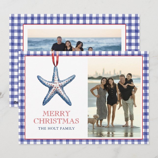 Coastal Christmas Starfish Ornament Gingham Photo Holiday Card (Front/Back)