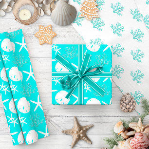 Coastal Christmas Starfish Sand Dollar Aqua Wrapping Paper