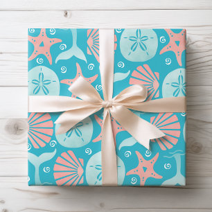 Coastal Christmas Starfish Seashells Whale Wrapping Paper