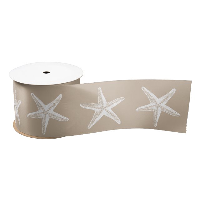 Coastal Christmas Tan Kraft White Starfish Satin Ribbon (Spool)