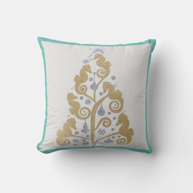 "Coastal Christmas" Throw Pillow Gold Silver Teal (Front)