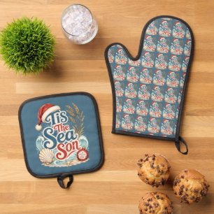 Coastal Christmas Tis Sea Son Typography Oven Mitt & Pot Holder Set
