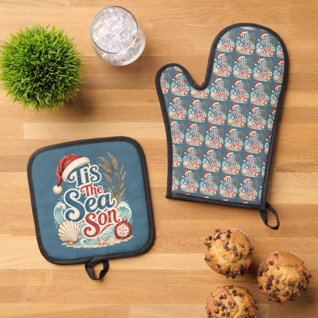 Coastal Christmas Tis Sea Son Typography Oven Mitt & Pot Holder Set (Top Down)