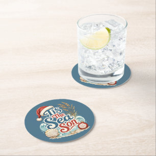 Coastal Christmas Tis Sea Son Typography Round Paper Coaster