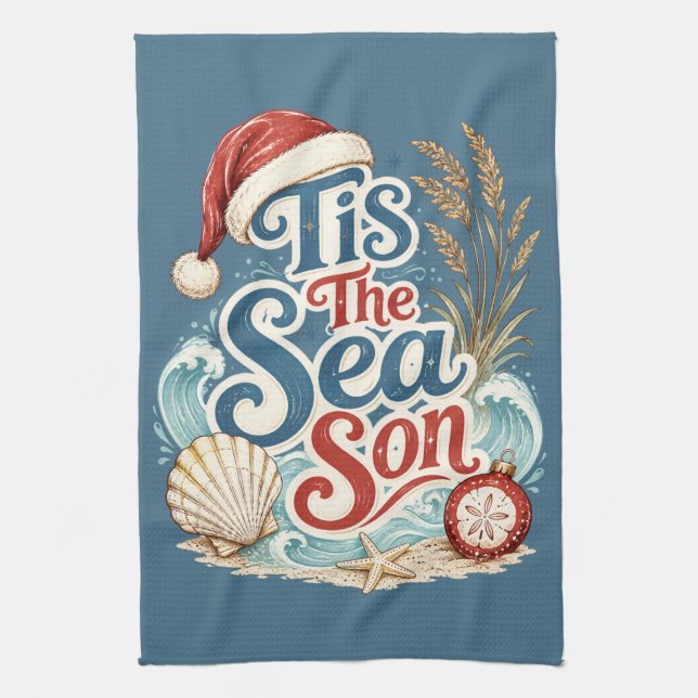 Coastal Christmas Tis Sea Son Typography Tea Towel (Vertical)