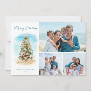 Coastal Christmas Tree Beach 3 Photo Holiday Card