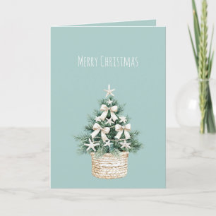 Coastal Christmas Tree Bows Blue Beach Ocean Card