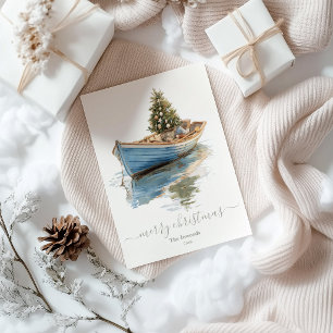 Coastal Christmas Tree in Row Boat Holiday  Card