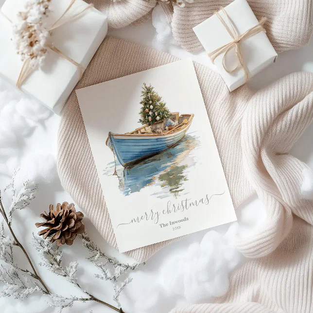 Coastal Christmas Tree in Row Boat Holiday Card | Zazzle