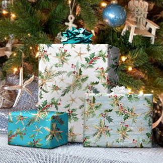 Coastal Christmas Tropical Beach Starfish Blue Wrapping Paper Sheet