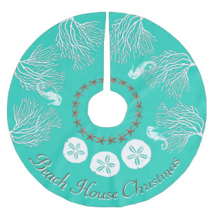 Coastal Christmas Under the Sea Coral Turquoise Brushed Polyester Tree Skirt