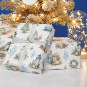 Coastal Christmas Watercolor Nautical Holiday Wrapping Paper