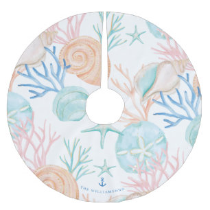 Coastal Christmas Watercolor Seashell Pattern Brushed Polyester Tree Skirt