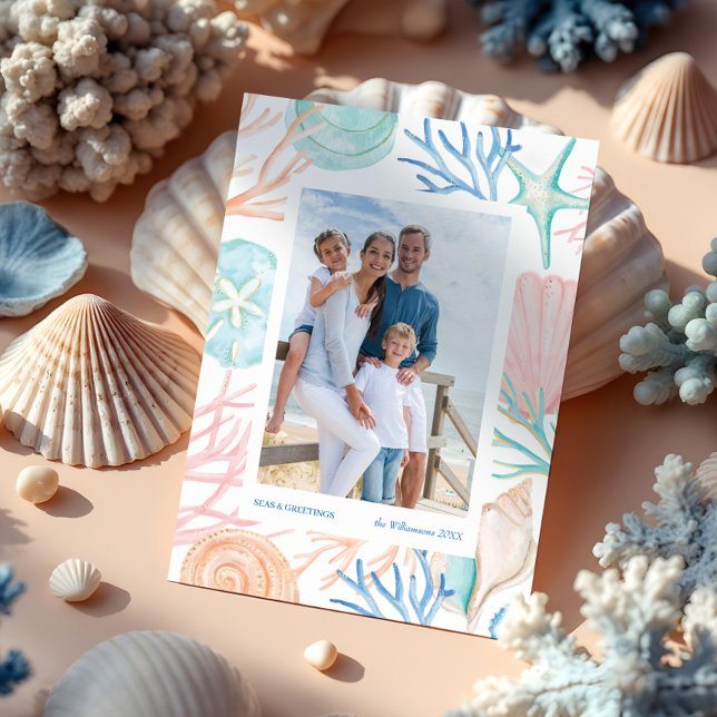 Coastal Christmas Watercolor Seashell Two Photo Holiday Card (Coastal Christmas Watercolor Seashell Two Photo Holiday Card)