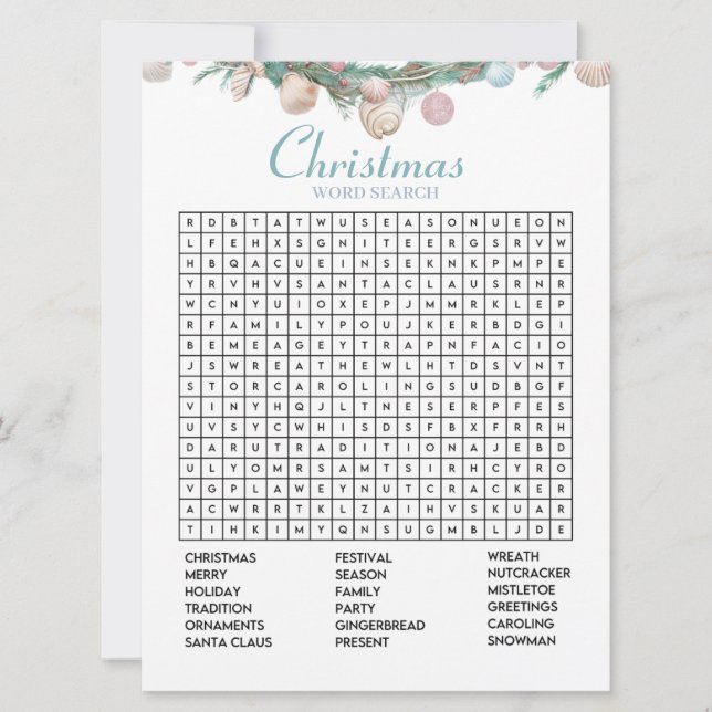 Coastal Christmas Word Search Holiday Game card (Front)