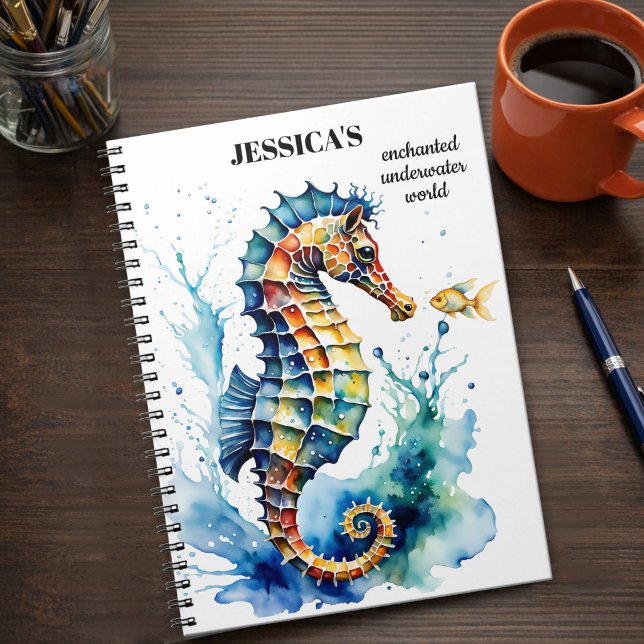 Coastal Colorful Watercolor Seahorse Notebook (Enchanting watercolor spiral notebook featuring a colorful seahorse with cute fish)