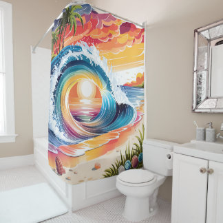 Coastal & Colourful Vibrant Sunset Beach Wave Shower Curtain