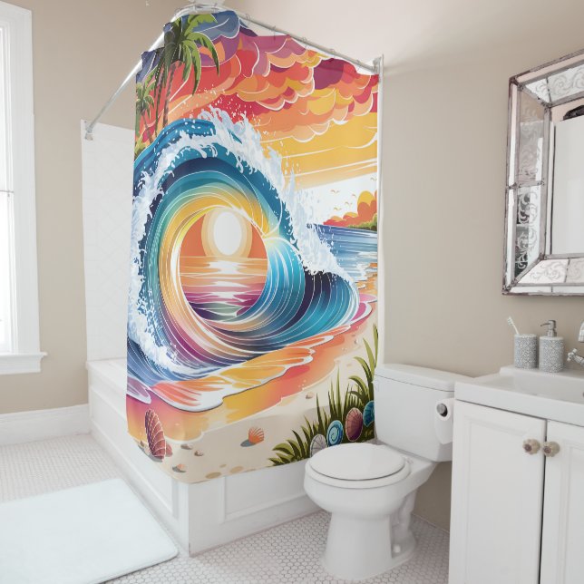 Coastal & Colourful Vibrant Sunset Beach Wave Shower Curtain (In Situ)