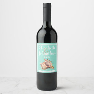 Coastal Conch Seashell & Sea Glass Green Wedding Wine Label