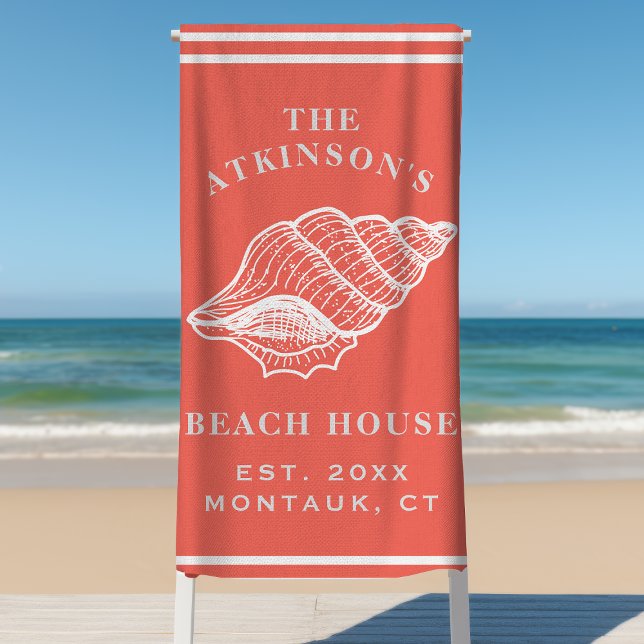 Coastal Conch Shell Beach House Family Name Coral Beach Towel (Creator Uploaded)