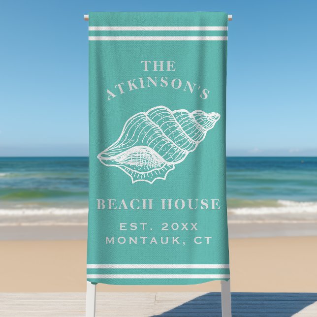 Coastal Conch Shell Beach House Family Name Teal Beach Towel (Creator Uploaded)