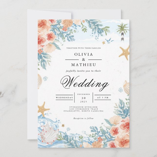 Coastal Coral Botanical Arch Wedding Invitation (Front)