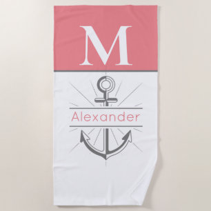 Coastal Coral Grey White Anchor Nautical Monogram Beach Towel