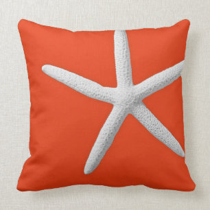 Coastal Coral Orange Tropical White Starfish Beach Cushion