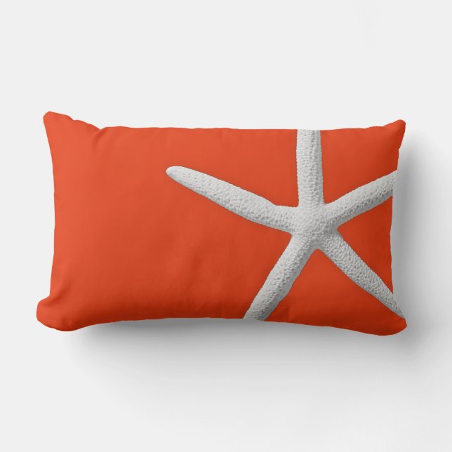 Coastal Coral Orange Tropical White Starfish Beach Lumbar Cushion (Front)