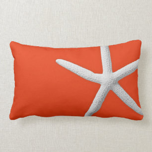 Coastal Coral Orange Tropical White Starfish Beach Lumbar Cushion