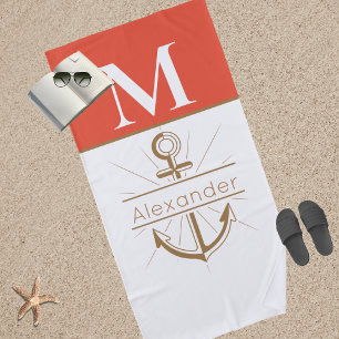 Coastal Coral Peach Anchor Nautical Monogram Beach Towel
