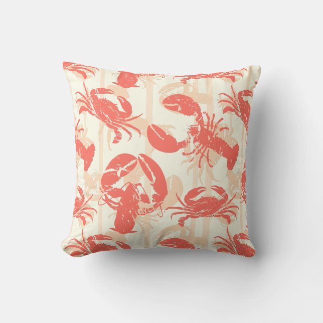 Coastal Coral Pink Lobster Crab Cushion (Front)