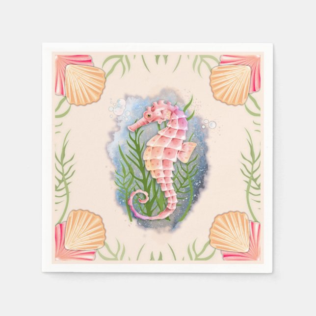 Coastal Coral Seahorse Paper Napkins (Front)