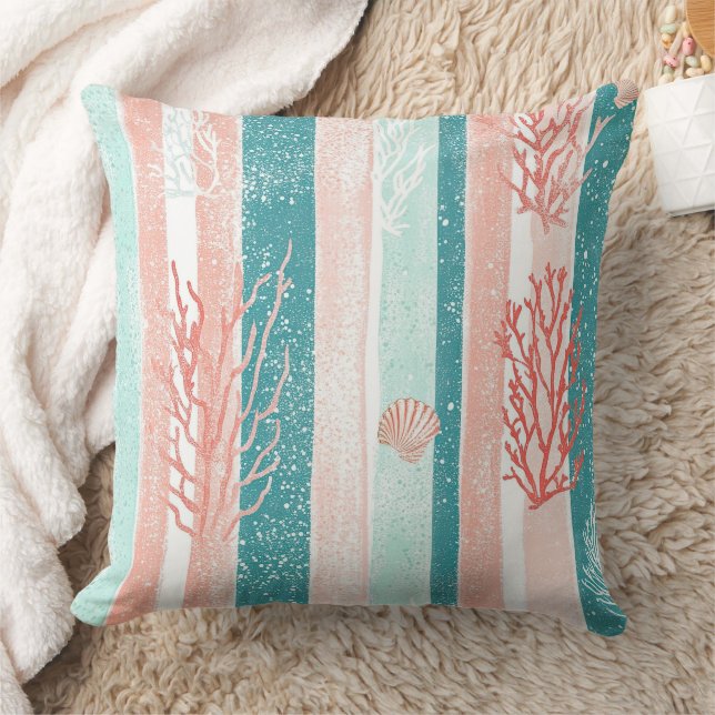 Coastal Coral Stripe Beach Pattern Cushion (Blanket)